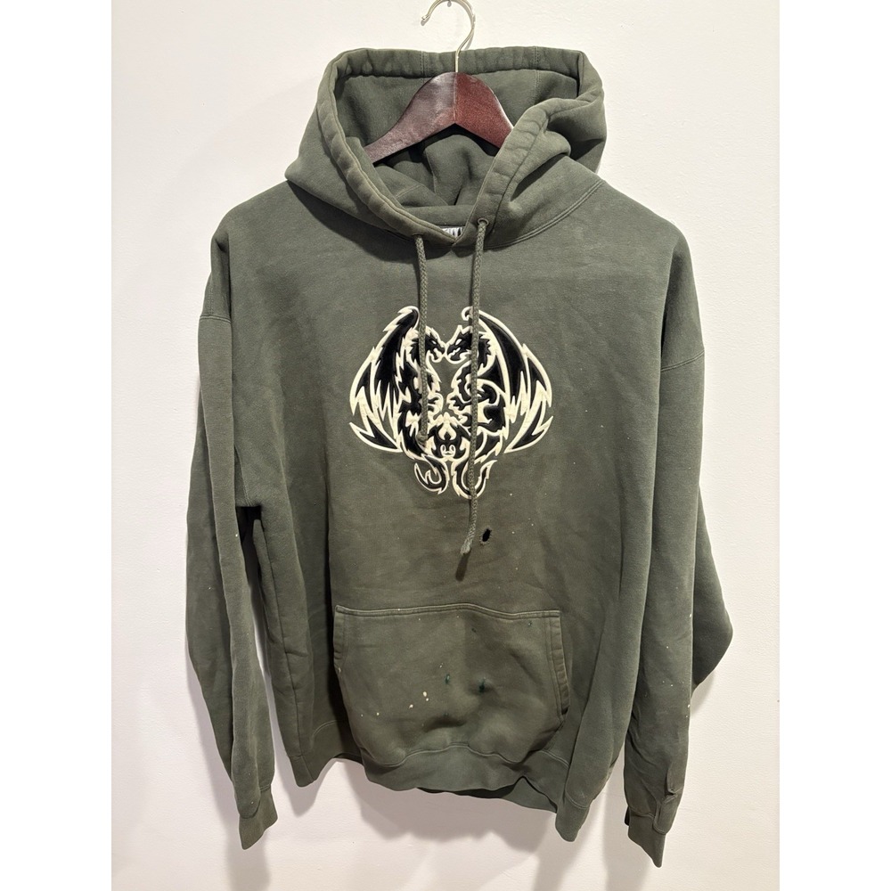 Vintage Top Heavy Hoodie Sweatshirt Y2K Dragon Tribal JNCO Style L Distressed